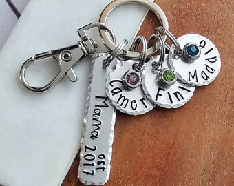 Mama Keychain with Kids Names and Birthstone Charms, Birthday Gift for Moms, Cute Diaper Bag Tag for New Mother, Mama Year Established
