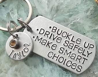 Keychain For New Driver, Buckle Up Drive Safely Make Smart Choices,  16th Birthday Gift for Daughter, Personalized Name and Birthstone