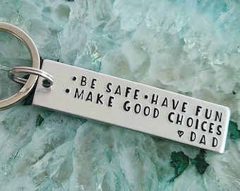 Be Safe Have Fun Make Good Choices Keychain from Dad, Custom Teen Gifts from Parents, Cute Keychain with Name & Birthstone, New Driver Gifts