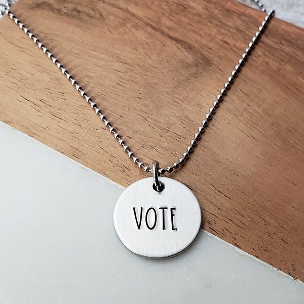 VOTE Pendant, Handstamped Vote Necklace, Feminist Jewelry, Activist Gifts