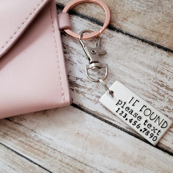 If Found Please Text Custom Tag, Lost and Found Purse Tag, Identification Charm for Backpacks, Hand Stamped Lost Keys Keychain