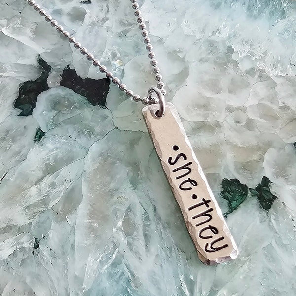 Custom Pronoun Necklace, Handstamped Pewter Bar with Your Pronouns, She They Jewelry, Gender Fluid Accessories