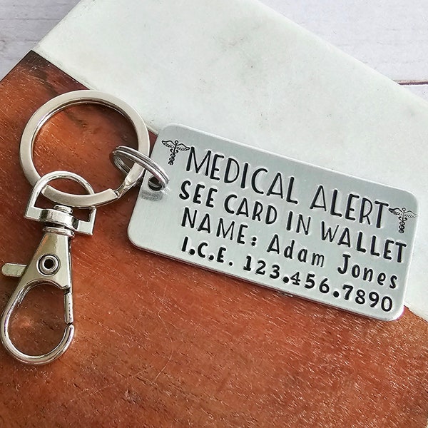Medical Alert Charm with Emergency Contact Info, Medical Conditions Keychain, Custom ICE Key Ring for Grandparents