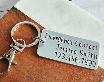 Emergency Contact Charm for Child's Backpack, Customized ICE Keychain for Teens, Silver Metal Emergency Zipper Charm for Men or Women