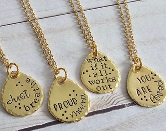 Just Breathe Gold Charm Necklace, Inspiring Brass Jewelry, Proud Mama LGBTQ Pendant, What If it All Works Out Stamped Gift for Her