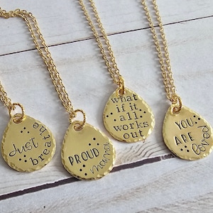 Just Breathe Gold Charm Necklace, Inspiring Brass Jewelry, Proud Mama LGBTQ Pendant, What If it All Works Out Stamped Gift for Her