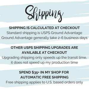 Pode incluir: Fundo azul claro com a palavra "Shipping" em fonte cursiva. O texto abaixo detalha informa&ccedil;&otilde;es de envio, incluindo USPS Ground Advantage e frete gr&aacute;tis para pedidos acima de $35 nos EUA.