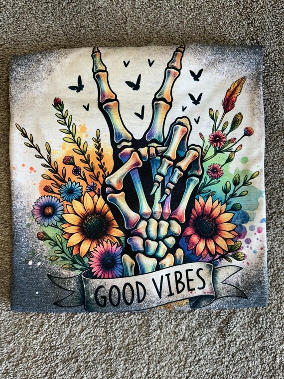 Good vibes bleached Tshirt | skeleton peace sign Tshirt | floral Shirt | Bleached women's shirt | Skull & flowers shirt