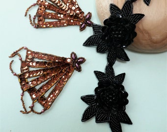 Sequin & Beaded Costume Trims: Black Rose, Copper Fan Motifs