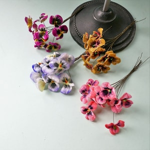 10 Small Velvet Pansy Viola Floral Spray / Artificial Millinery Flowers / Wedding Boutonniere / Hat Trims / Pink Yellow Purple (A1)