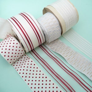 Breite 1950 Vintage französische Hutborte // rote Streifen Organza // roter Fleck // weiße Streifen // Creme gewebter Jacquard - 1 m lang (F4)