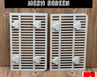 May include: Two white rectangular mesh screens labeled MEOWANT MESH SCREEN and FINE MESH. Each screen features a grid pattern with four three-pronged knobs attached to the surface. The screens are constructed with horizontal and vertical slats.