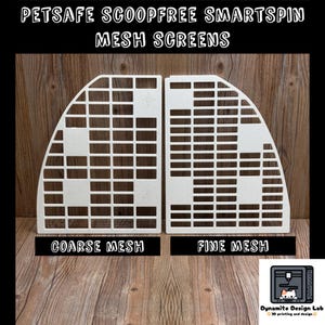 May include: Two white plastic scoopfree smart spin mesh screens. The screen on the left is labelled "Coarse Mesh" and the screen on the right is labelled "Fine Mesh".