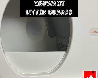 May include: A white plastic litter guard for a cat litter box featuring a large circular opening. The text MEOWANT LITTER GUARDS is displayed in a black box at the top, with the word LARGE in a black box at the bottom and a red logo.