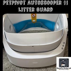 May include: A white PetPivot AutoScooper 11 Litter Guard. The automatic cat litter box features a white exterior with a blue interior and a curved, ribbed front. The text "PETPIVOT AUTOSCOOPER 11 LITTER GUARD" is at the top.