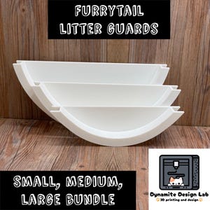 May include: White Furrytail litter guards in small, medium, and large sizes. The curved design is visible in the image. The text "FURRYTAIL LITTER GUARDS" and "SMALL, MEDIUM, LARGE BUNDLE" are displayed. The Dynamite Design Lab logo is also present.