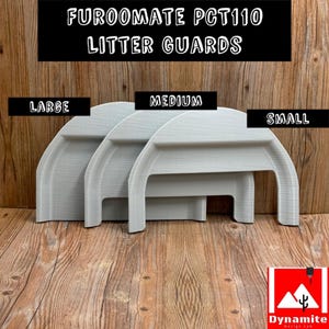 May include: Three light grey Furoomate PCT110 litter guards in large, medium, and small sizes. Each guard features a semi-circular top edge and a rectangular cutout at the base. The text Furoomate PCT110 Litter Guards is displayed above the items.