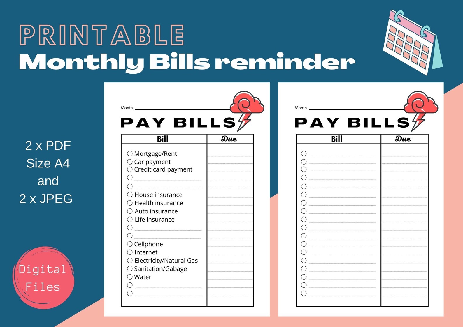 Printable monthly bill payment reminder budget planner Etsy