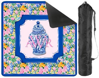 Monogrammed Blue & White Chintz Mahjong Mat 31.5"x31.5" (Ship Rolled up)