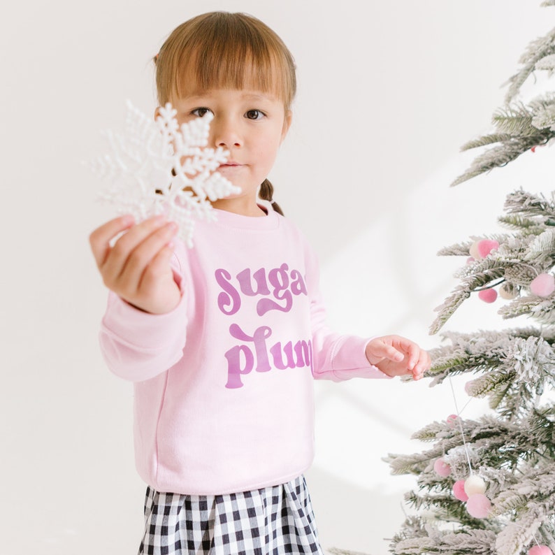 Pu&ograve; includere: Una bambina che indossa una felpa rosa con la scritta "sugar plum" in lettere viola. Sta tenendo un ornamento a forma di fiocco di neve bianco e si trova davanti a un albero di Natale innevato.