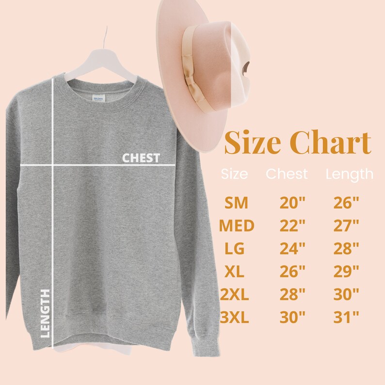 May include: Size chart for a gray sweatshirt with measurements in inches for chest and length. The chart shows sizes from small to 3XL.