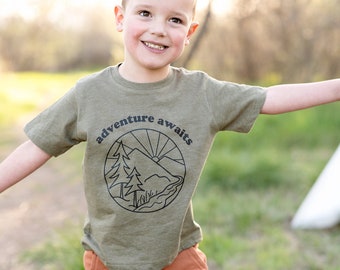 Adventure Awaits Toddler and Youth Shirt, summer youth shirt. summer shirt, Camping Shirt, Forest Child, Exploring, Hiking Shirt, Outdoorsy