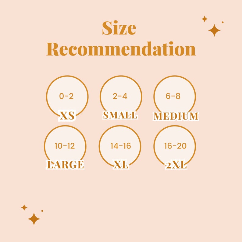 以下が含まれることがあります： 温かみのある茶色のフォントで「Size Recommendation」と書かれたサイズ推奨チャート。XSから2XLまでのサイズ範囲が、対応する数値範囲とともに6つの円で表示されています。背景はソフトピーチ色で、スターバーストのアクセントが付いています。