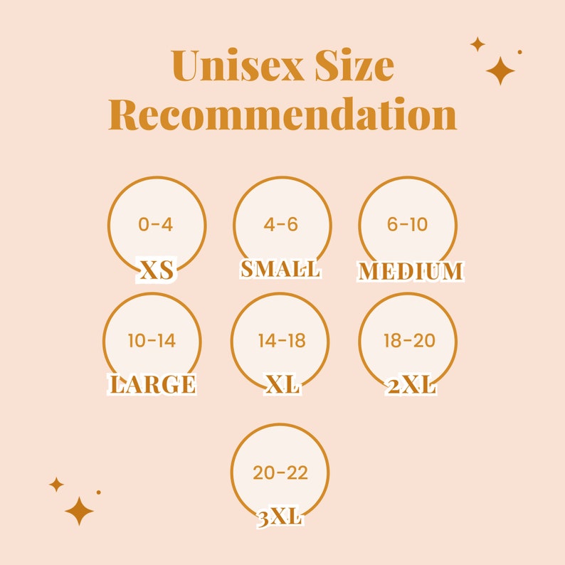 May include: Unisex size chart with numbers 0-4, 4-6, 6-10, 10-14, 14-18, 18-20, and 20-22. The corresponding sizes are XS, Small, Medium, Large, XL, 2XL, and 3XL.