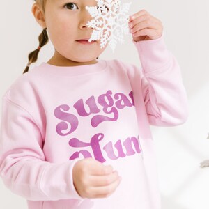 Pu&ograve; includere: Una felpa rosa con la scritta "Sugar Plum" in lettere viola. Un bambino piccolo indossa la felpa e tiene un ornamento a forma di fiocco di neve bianco davanti al viso.