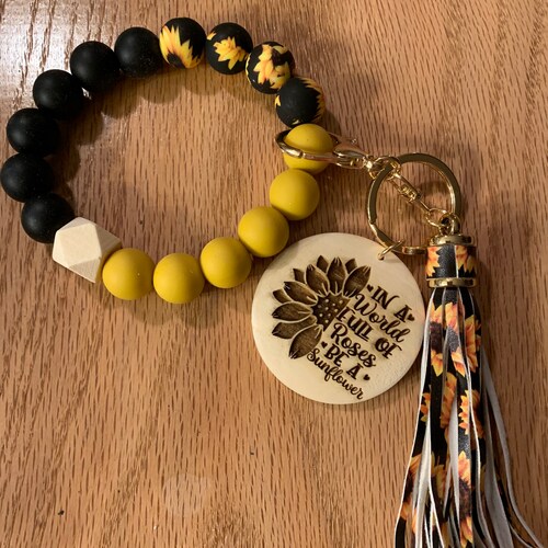 Sunflower Keychain Wristlet With Tassel Sunflower Gifts Etsy