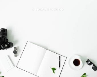 Download Free Large Blank Notebook Coffee Camera Pen Sunglasses Watch Desktop Mockup Styled Stock Photography Instagram Styled Flat Lay Photo Best Free Packaging Mockups Template PSD Mockup Template