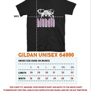 May include: Black Gildan Unisex 64000 t-shirt size chart with measurements in inches. The chart shows the length and width of the shirt in sizes S, M, L, XL, 2XL, and 3XL. The text "Gildan Unisex 64000" is in a white font on a black background. The text "Unisex Size Guide (In Inches)" is in a white font on a black background. The text "Length" and "Width" are in a white font on a black background. The text "S, M, L, XL, 2XL, 3XL" is in a white font on a black background. The text "28, 29, 30, 31, 32, 33" is in a white font on a black background. The text "18, 20, 22, 24, 26, 28" is in a white font on a black background.