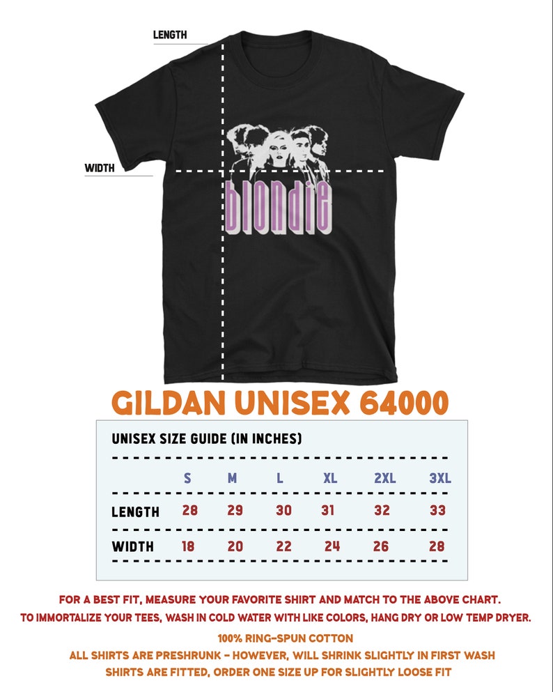 May include: Black Gildan Unisex 64000 t-shirt size chart with measurements in inches. The chart shows the length and width of the shirt in sizes S, M, L, XL, 2XL, and 3XL. The text "Gildan Unisex 64000" is in a white font on a black background. The text "Unisex Size Guide (In Inches)" is in a white font on a black background. The text "Length" and "Width" are in a white font on a black background. The text "S, M, L, XL, 2XL, 3XL" is in a white font on a black background. The text "28, 29, 30, 31, 32, 33" is in a white font on a black background. The text "18, 20, 22, 24, 26, 28" is in a white font on a black background.