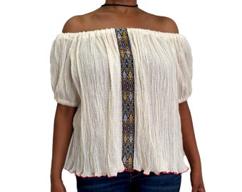 Off Shoulder Cotton Top: Ethiopian Embroidered Tunic, Made in USA