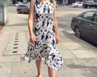 Black & White Handmade Dress – Sleeveless Ruffle Midi, Dropped Waist Casual to Elegant Look made from silk fabric.