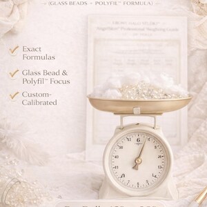 May include: A vintage-style scale with a brass-colored pan holds glass beads and polyfil. The scale is white with a circular dial and measures up to 50. Text on the image reads "Reborn Doll Weighting Chart" and "For Dolls 12" to 28".