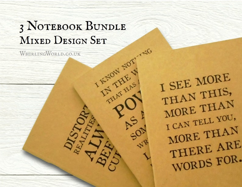 Poetry Quote Notebooks, Set of 3 mixed designs Mailable literary gift for poet, kraft writing book set ruled recycled A6 pocket journal image 1