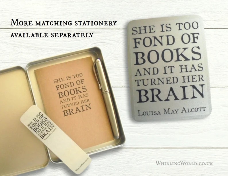 Book Crazy Bookmark & Card Set Alcott quote notecard with small gift for obsessive reader Metal page marker, secret santa for bookworm image 6