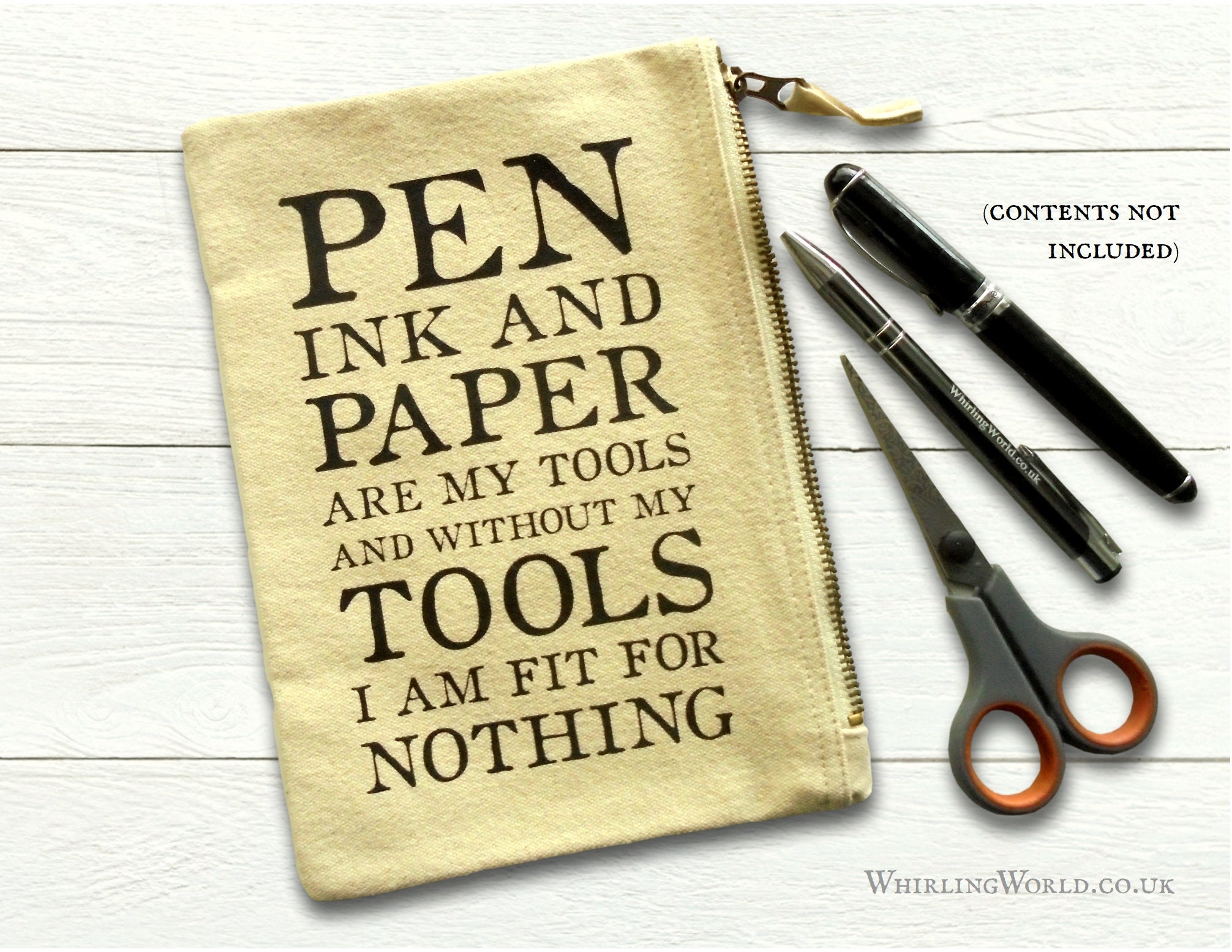 Literary Quote Pencil Case for Writer - Pen Ink Paper, Dumas | desk accessory gift idea, portable pen storage | natural cotton zipper pouch