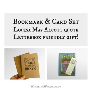 Book Crazy Bookmark & Card Set Alcott quote notecard with small gift for obsessive reader Metal page marker, secret santa for bookworm image 1