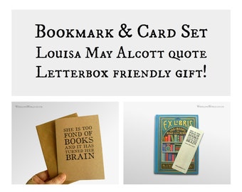 Book Crazy Bookmark & Card Set | Alcott quote notecard with small gift for obsessive reader | Metal page marker, secret santa for bookworm