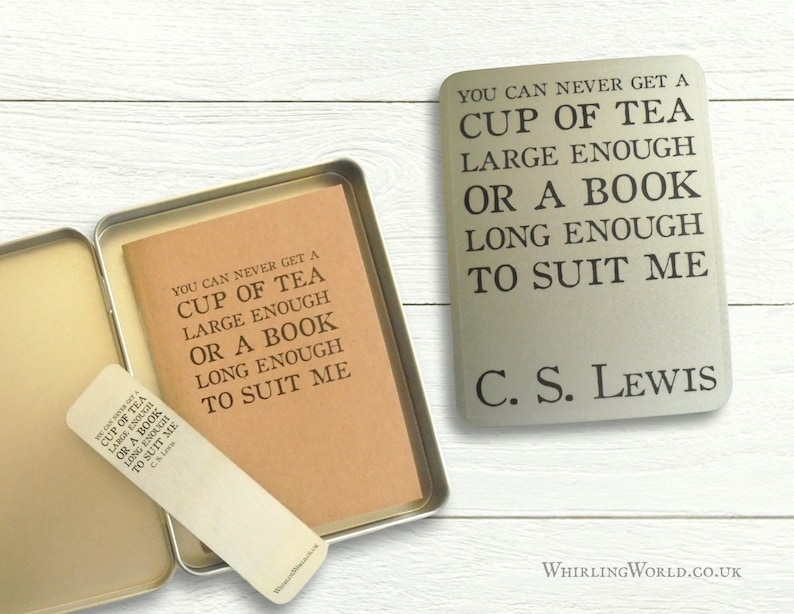 Book Club Reading Journal Set of 4 optional bookmark & storage tin Bookish quotes mix, Reading group gift idea, A6 kraft book review log LEWIS Cup of tea