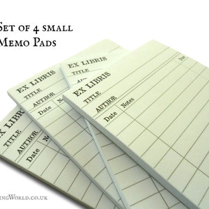 May include: Set of four small memo pads with a green background and black lines. Each pad has the text "Ex Libris" at the top and includes spaces for "Title", "Author", "Date", and "Notes".