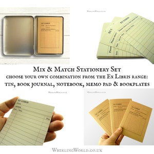 May include: A set of brown and green paper memo pads with the text "Ex Libris" printed on the front. The memo pads are in a stack and are being held by a hand. The text "Mix & Match Stationery Set" is printed below the image. The text "Choose your own combination from the Ex Libris range: Tin, Book Journal, Notebook, Memo Pad & Bookplates" is printed below the text "Mix & Match Stationery Set".