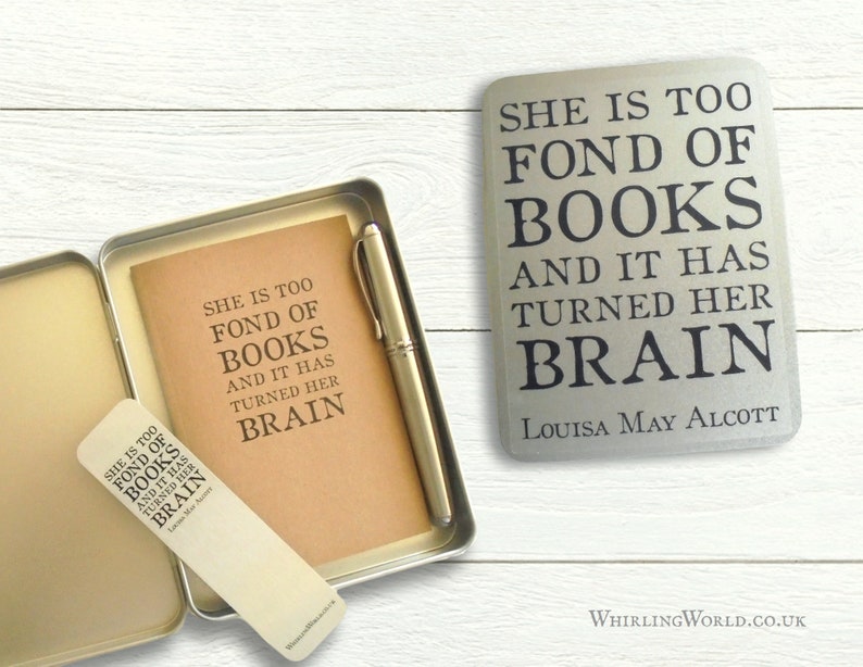 Bookworm Gift Tin for stationery Louisa May Alcott Quote Typography Storage Tin Box Literary Gift Idea for avid reader Hinged Lid Tin 3 item set