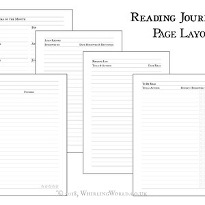Puede incluir: Cuatro dise&ntilde;os de p&aacute;gina imprimibles diferentes para un diario de lectura. Los dise&ntilde;os incluyen un calendario "Libros del mes", una p&aacute;gina "Registro de pr&eacute;stamos", una p&aacute;gina "Registro de lectura" y una lista "Para leer" con un rastreador "Comprado/Prestado/Le&iacute;do".