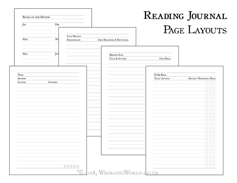 Puede incluir: Cuatro dise&ntilde;os de p&aacute;gina imprimibles diferentes para un diario de lectura. Los dise&ntilde;os incluyen un calendario "Libros del mes", una p&aacute;gina "Registro de pr&eacute;stamos", una p&aacute;gina "Registro de lectura" y una lista "Para leer" con un rastreador "Comprado/Prestado/Le&iacute;do".