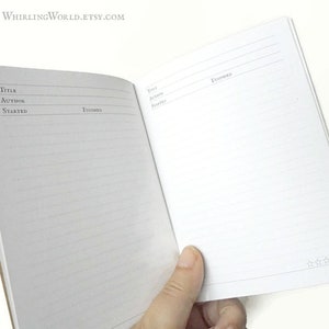 Puede incluir: Un cuaderno abierto con p&aacute;ginas rayadas. La p&aacute;gina izquierda tiene los encabezados "T&iacute;tulo", "Autor", "Comenzado" y "Terminado". La p&aacute;gina derecha tiene los encabezados "T&iacute;tulo", "Autor", "Comenzado" y "Terminado".