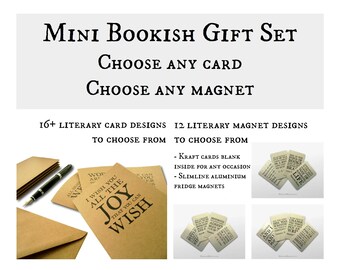 Bookish Card & Magnet Set | Choice of literary quotes, blank notecard + small gift for reader | Book lover stocking filler, secret santa UK