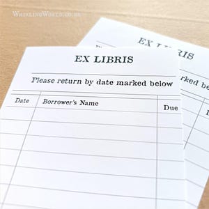 May include: Two white "Ex Libris" bookplates with printed text. The top bookplate reads "EX LIBRIS" and "Please return by date marked below." Below are lines for "Date," "Borrower's Name," and "Due." The second bookplate is partially visible.